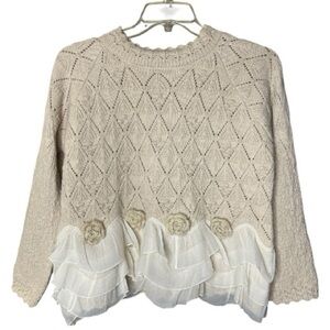 Cream Knit Sweater with Ruffle Hem